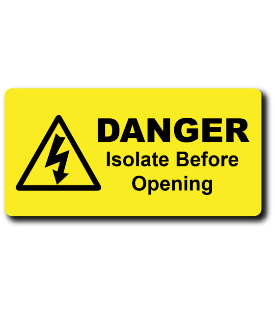 ISOLATE BEFORE OPENING Electrical Safety Labels Yellow 50 x 25mm 